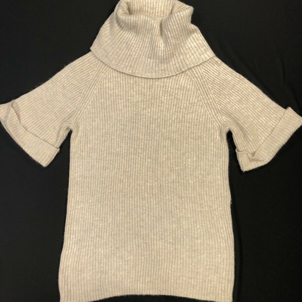 Loft Cream Cowl Turtleneck Sweater Ladies Small Ribbed Angora Blend Short Sleeve